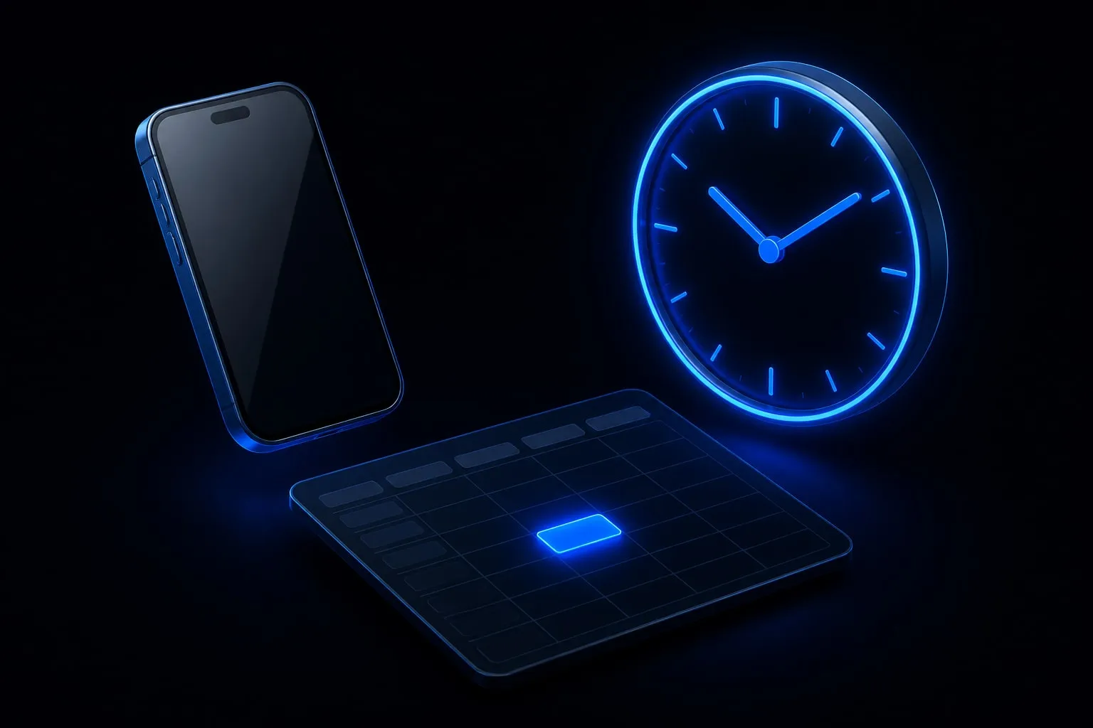 A 3D clock beside a smartphone showing a weekly calendar grid with a few highlighted time slots glowing