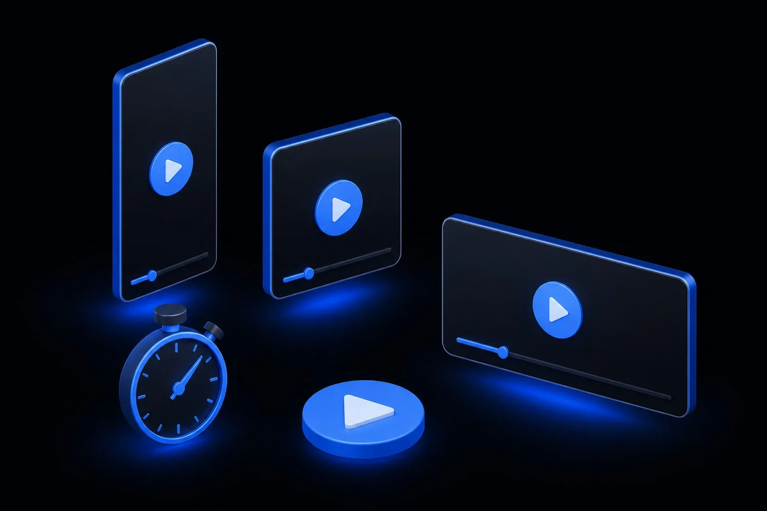 Three 3D phone screens side by side showing vertical, square and landscape video frames with a stopwatch and ruler