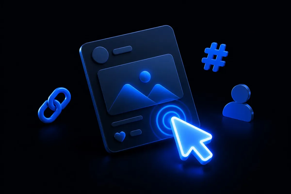 A 3D smartphone showing an X post with a large glowing cursor clicking a link card, surrounded by floating hashtag, profile and chain-link icons