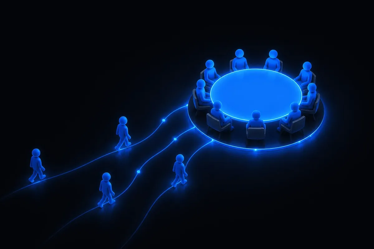 A 3D illustration of a glowing group badge surrounded by connected member avatars joining a circular community hub