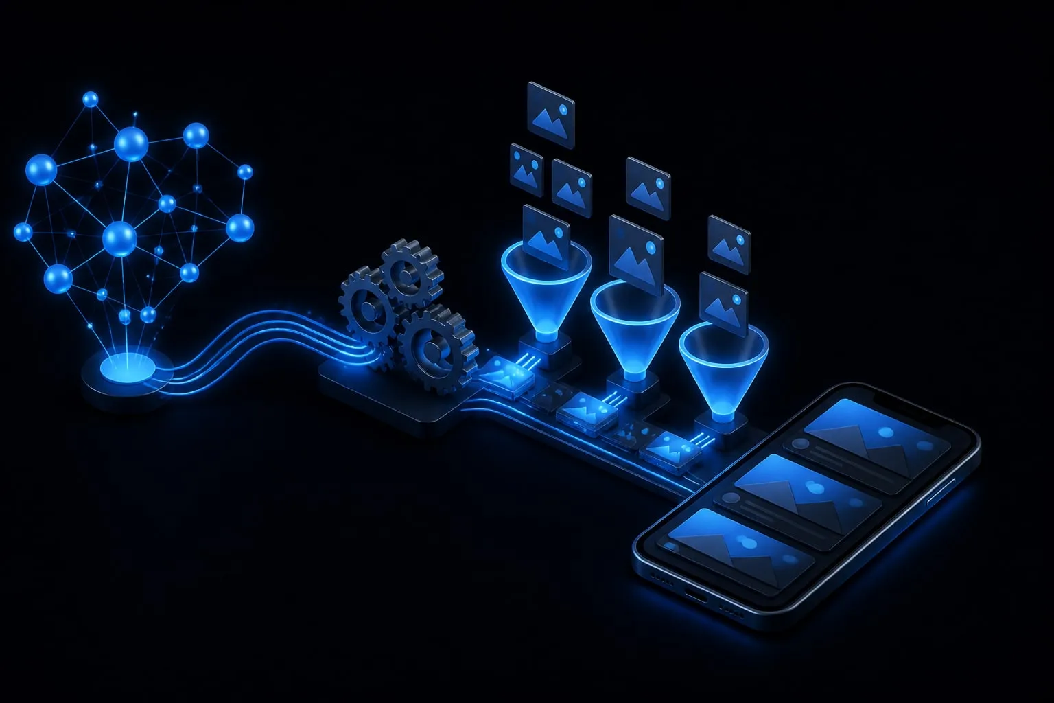A 3D smartphone feed with posts flowing through glowing gears and filters into two stacks labeled For You and Following