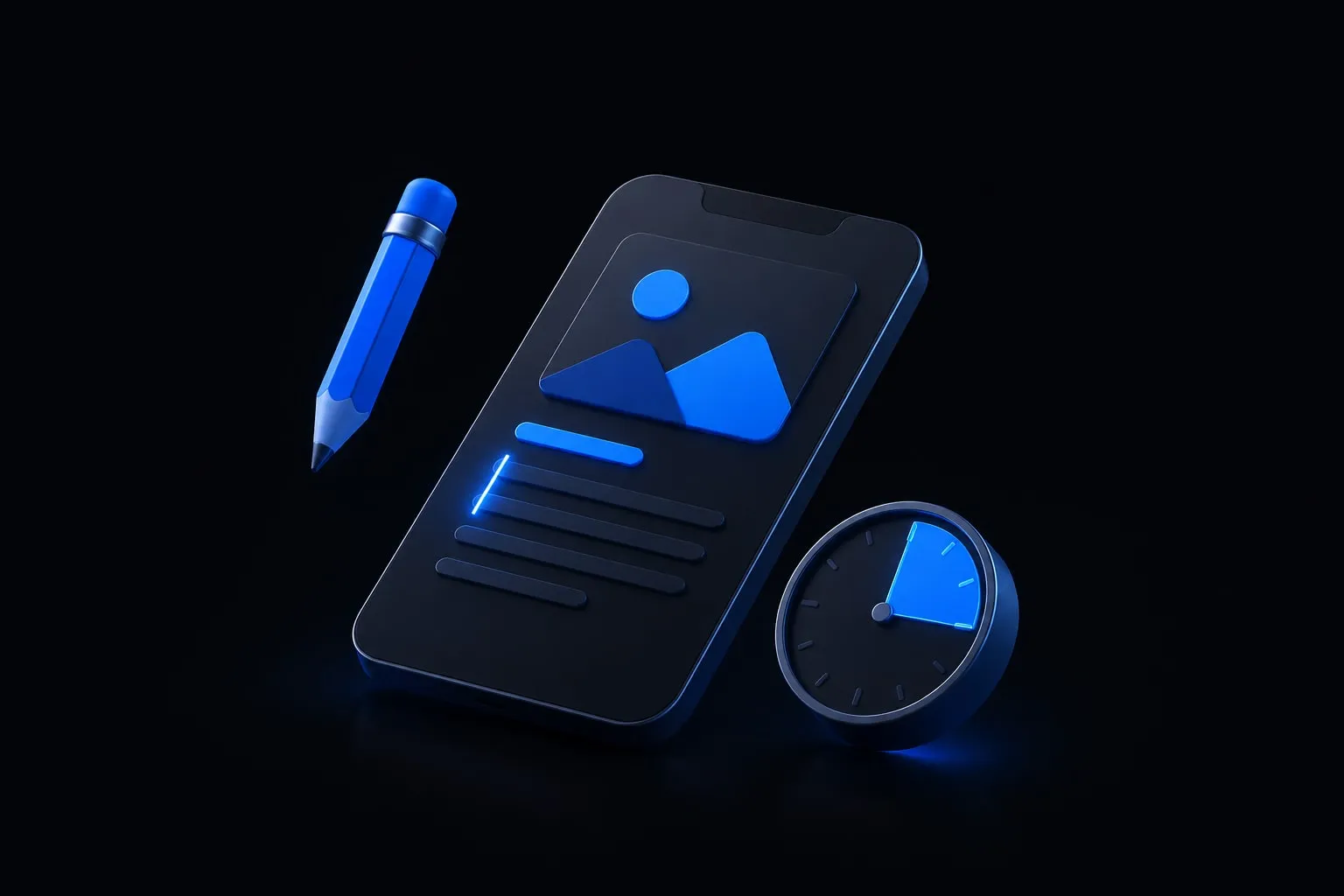 A 3D smartphone showing a post with a glowing pencil icon, a small countdown clock and a stack of earlier post versions behind it
