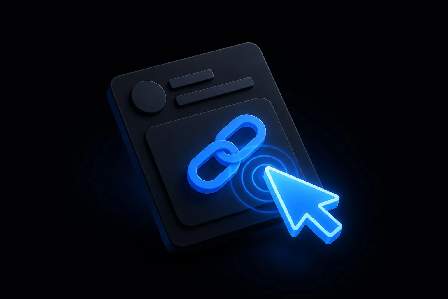 A 3D smartphone showing a post with a link preview card, a large glowing cursor clicking it and a chain-link icon floating above