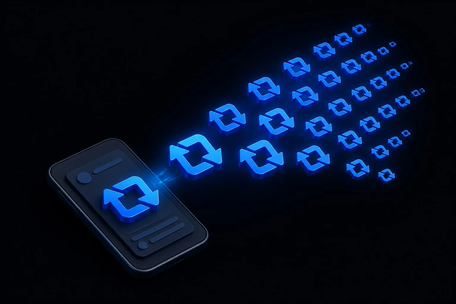 A 3D smartphone with a post splitting into several copies that fly toward other phones, linked by green looping arrows