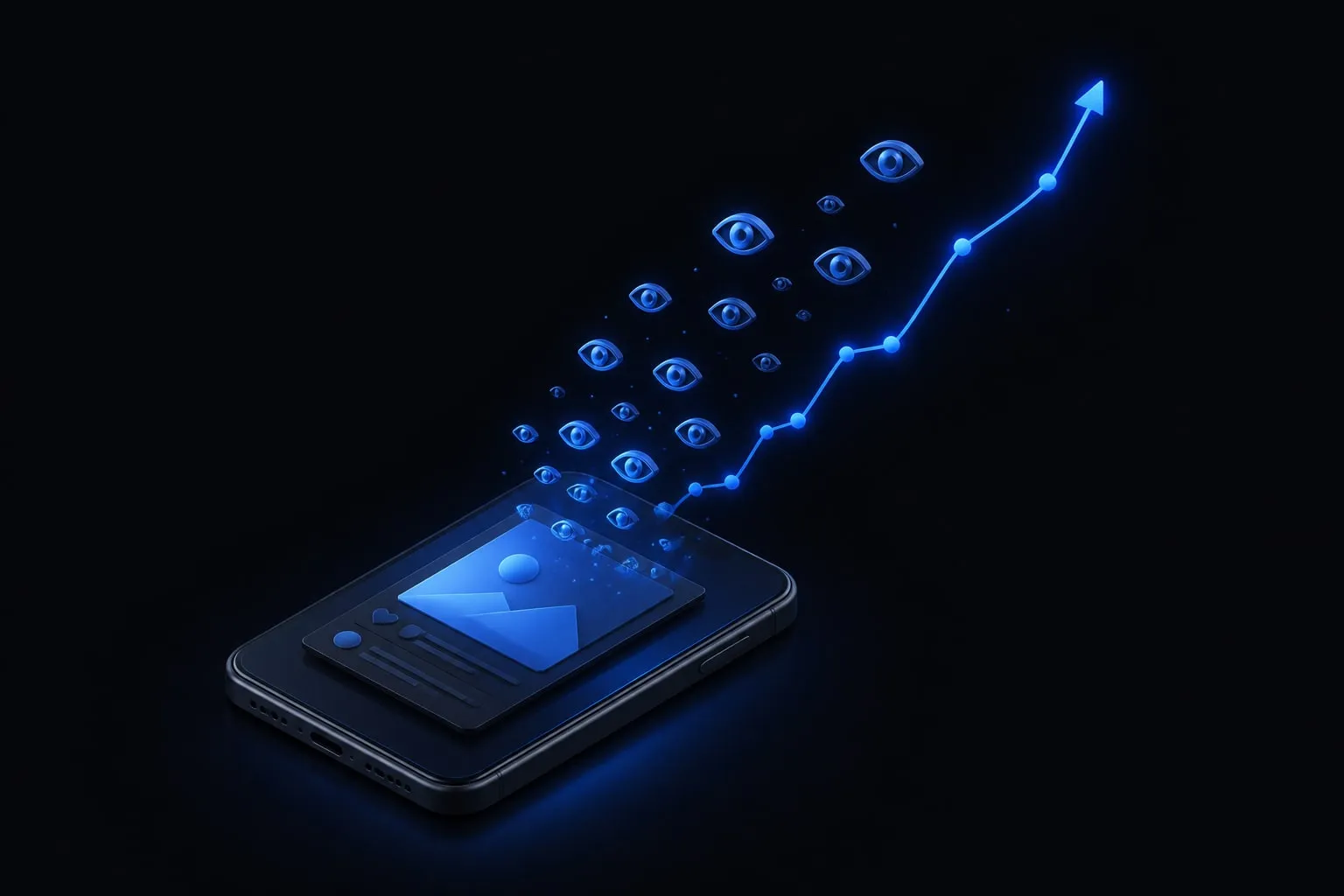 A 3D smartphone post with a view counter climbing, surrounded by floating eye icons and an upward arrow