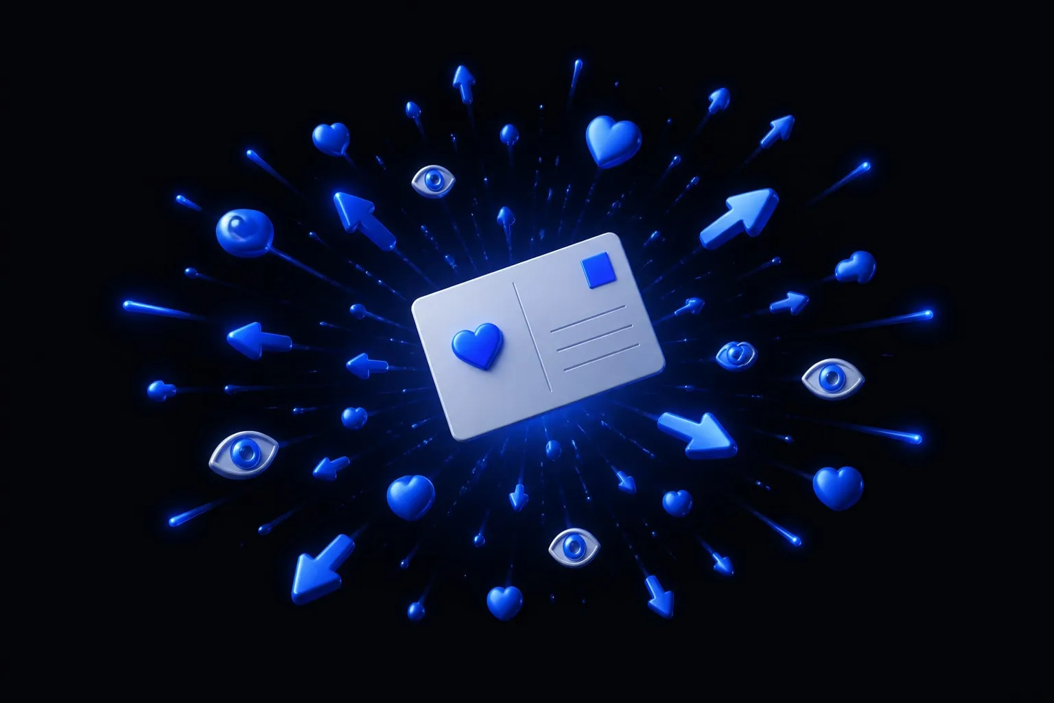 A 3D smartphone at the center of expanding ripple rings, with small repost and heart icons radiating outward across a map-like surface