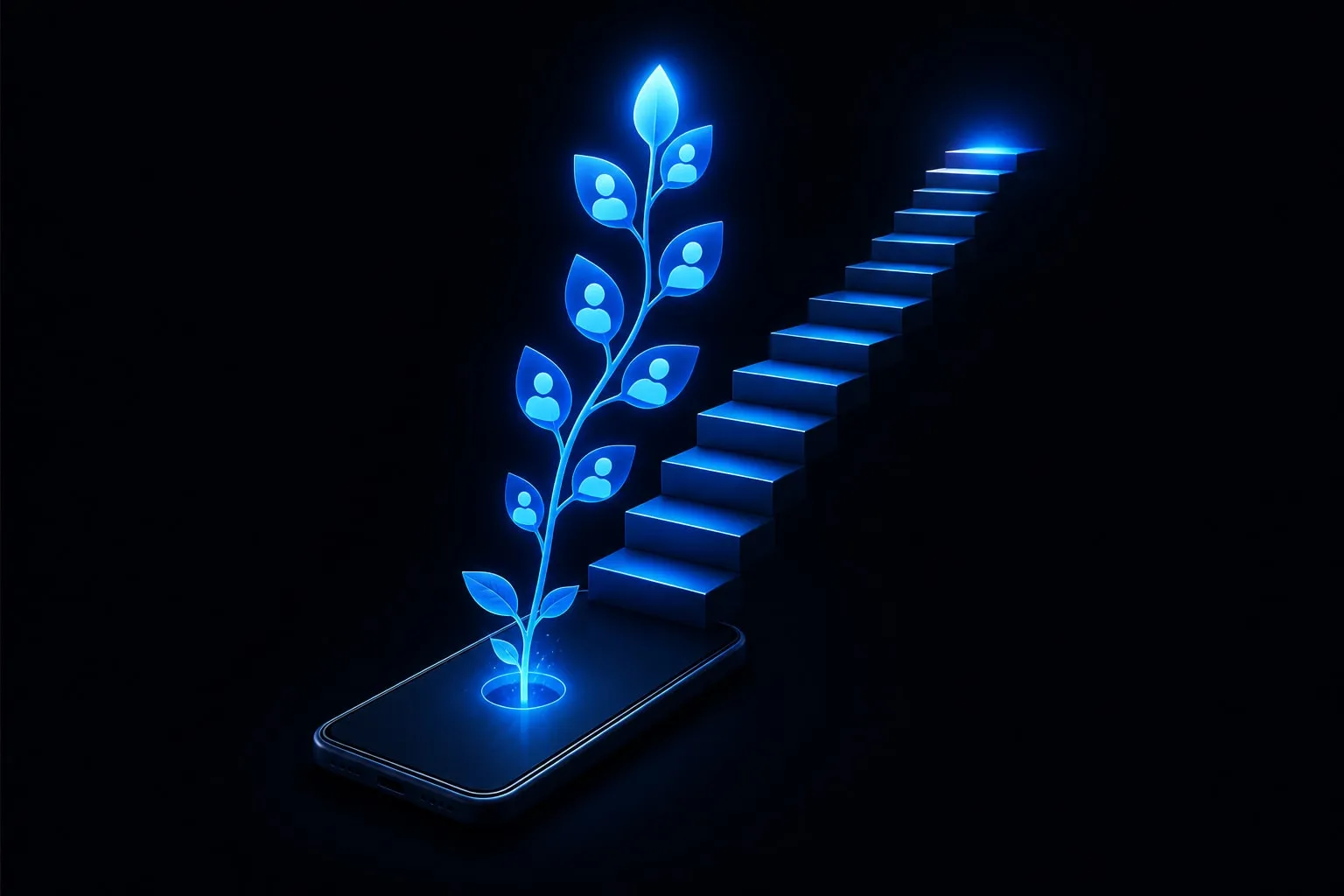 A 3D calendar with 30 squares and a small seedling growing out of a smartphone into a sprouting plant beside it