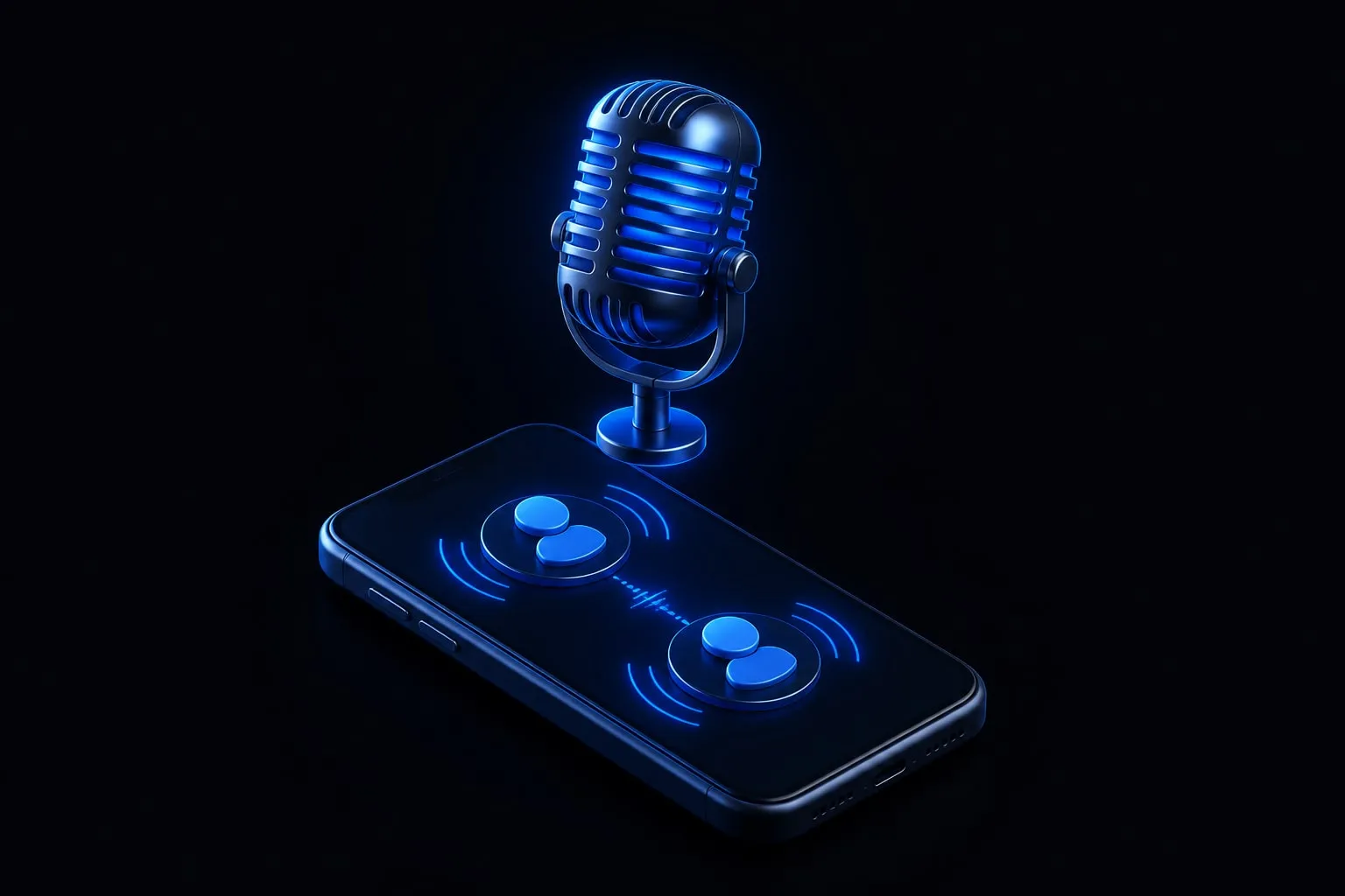 A 3D purple audio room with a glowing microphone, circular speaker avatars and floating sound waves