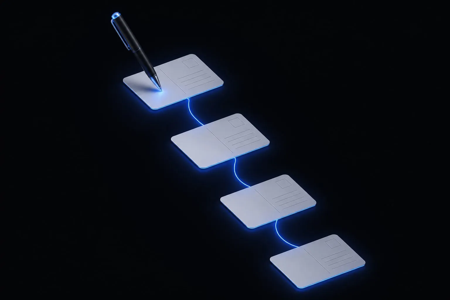 A 3D illustration of a chain of connected post cards rising diagonally from a smartphone, linked by a glowing thread line