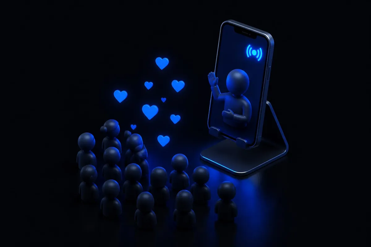 A 3D smartphone showing a glowing red LIVE badge, with viewer silhouettes and floating hearts rising from the screen