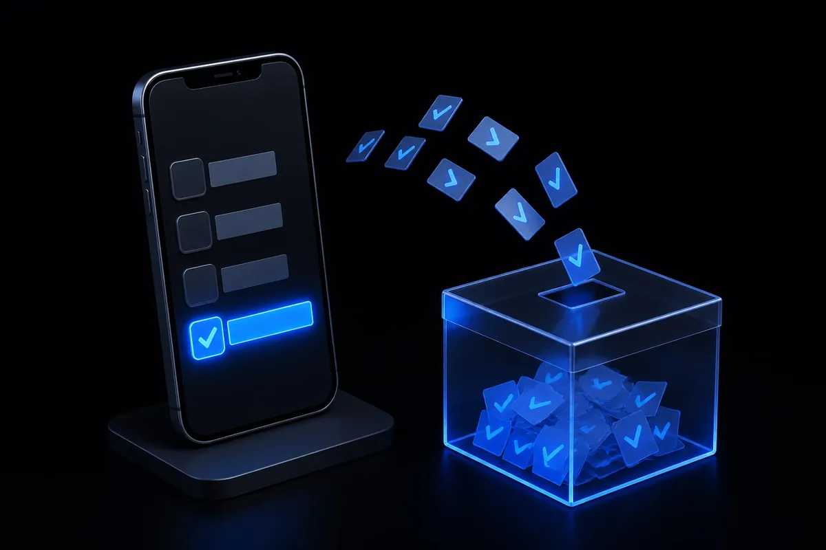 A smartphone poll with a glowing winning bar and ballot cards flying into a ballot box