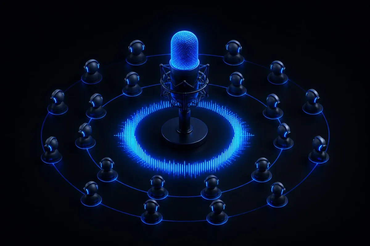 A 3D glowing audio room with a purple microphone at the center, sound waves and rows of listener avatar bubbles around it