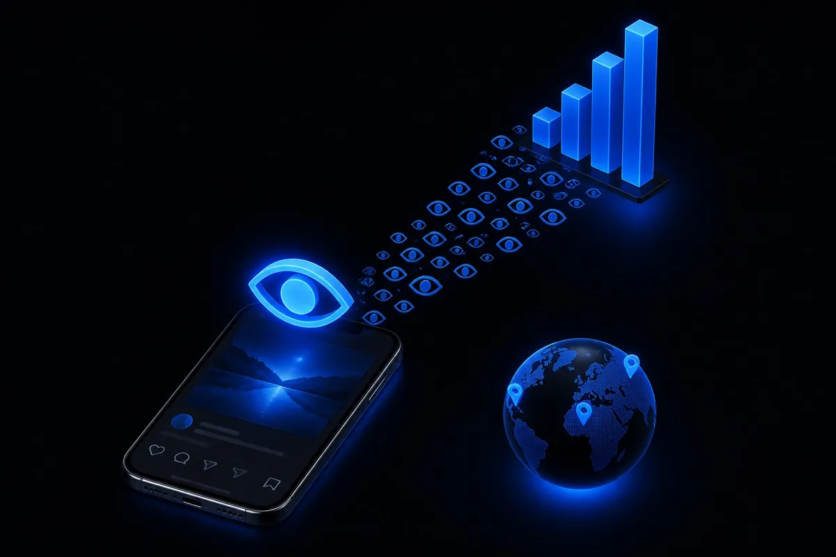 A smartphone post with a stream of eye icons flowing into a rising bar chart