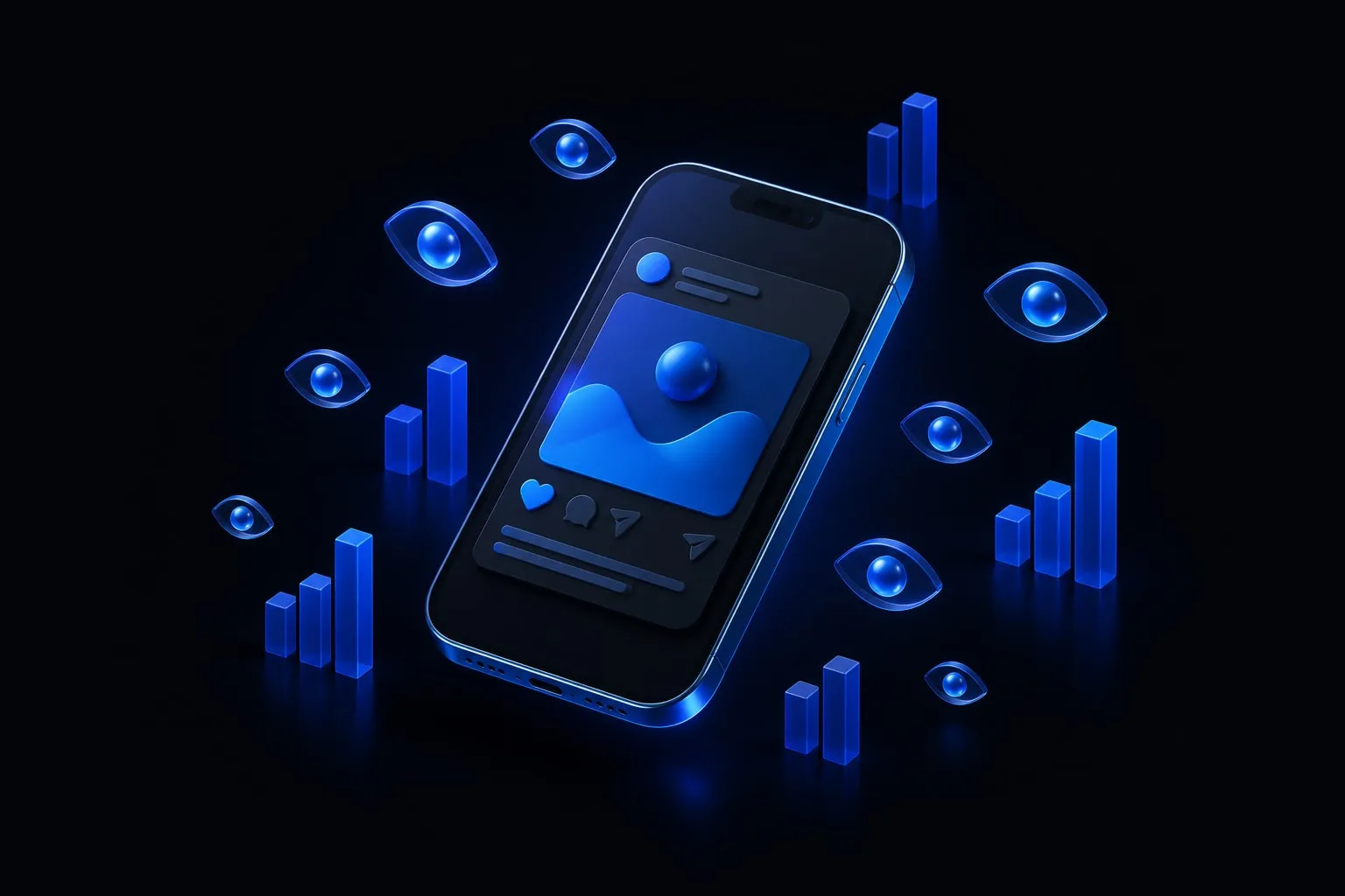 A smartphone showing a social post surrounded by eye icons and rising bar charts