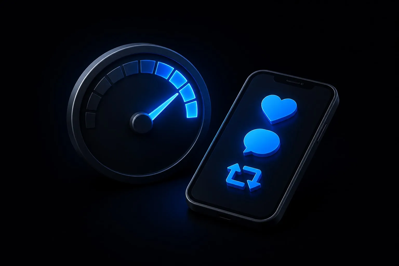 A 3D calculator next to a smartphone post surrounded by floating heart, reply and repost icons feeding into a percentage gauge