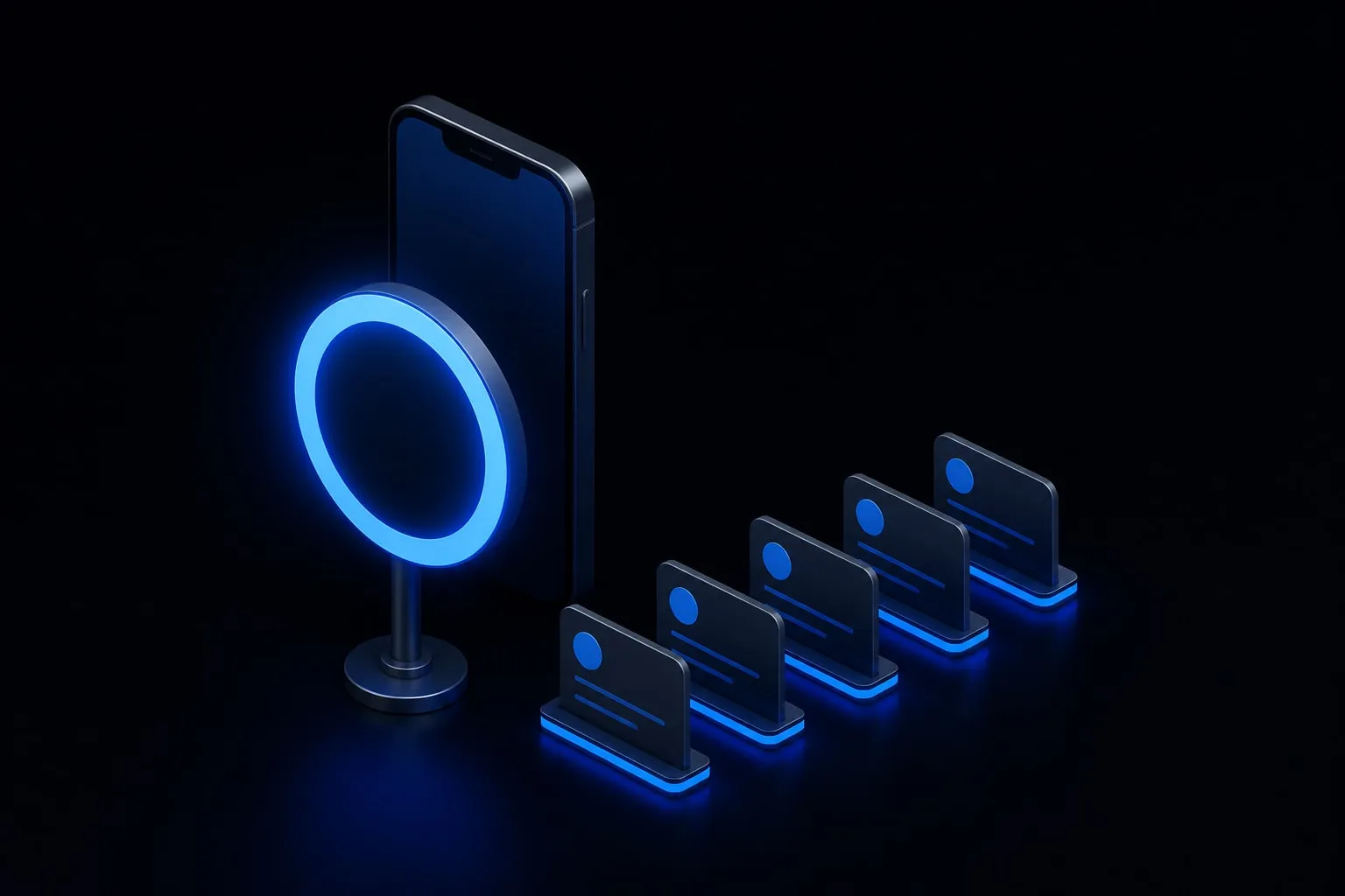 A 3D smartphone with a glowing speedometer gauge in the red zone, surrounded by stacked message bubbles and a small padlock