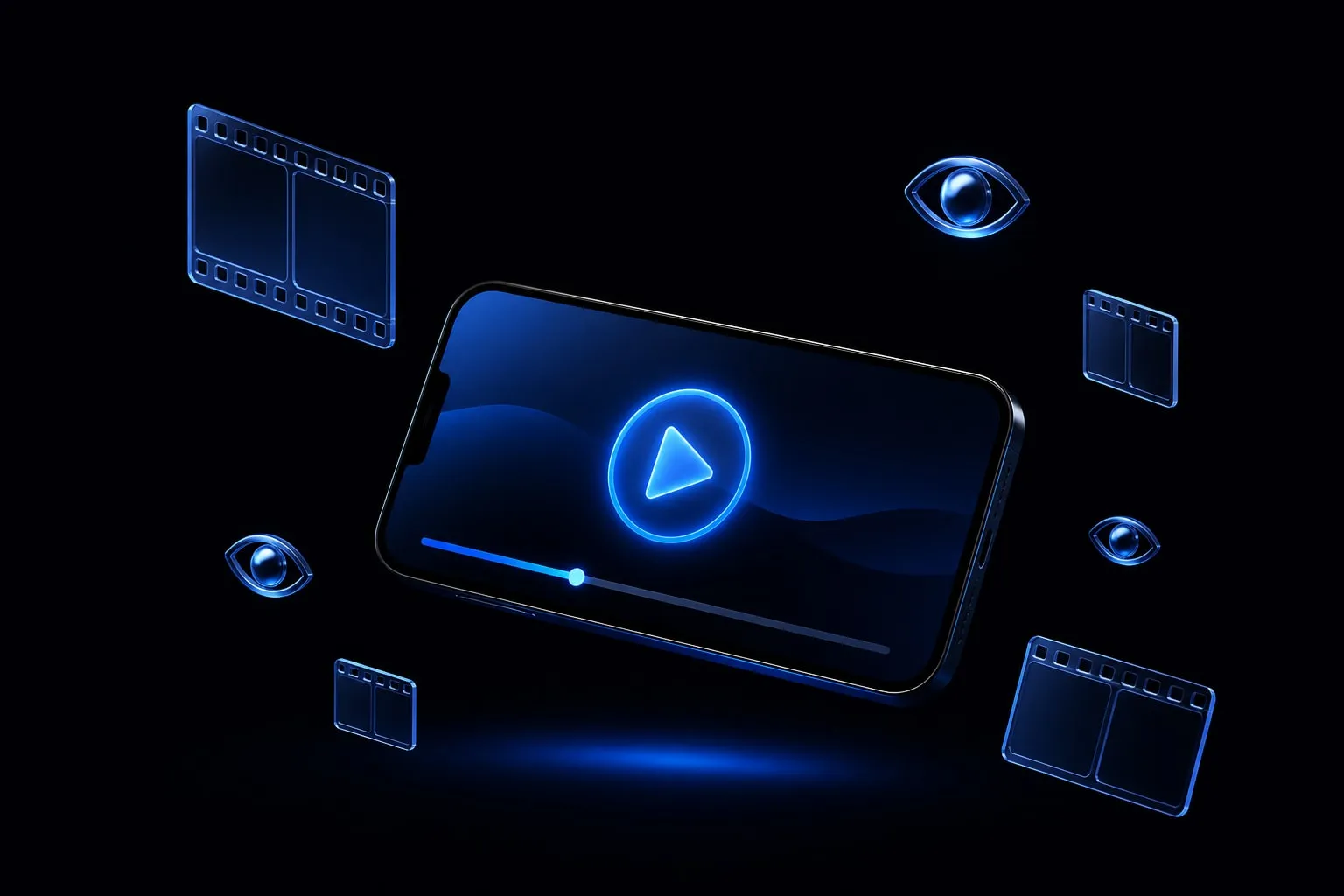 A smartphone playing a video with a glowing play button, surrounded by film frames and eye icons